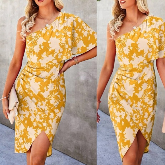 Boho pink floral print one shoulder asymmetrical hem dress - Picture 5 of 6